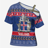 Iceland Christmas Cross Shoulder Shirt Coat Of Arms Christmas Pattern - Wonder Print Shop