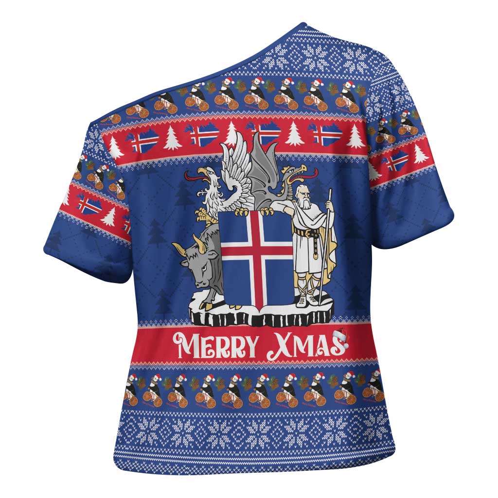 Iceland Christmas Cross Shoulder Shirt Coat Of Arms Christmas Pattern - Wonder Print Shop
