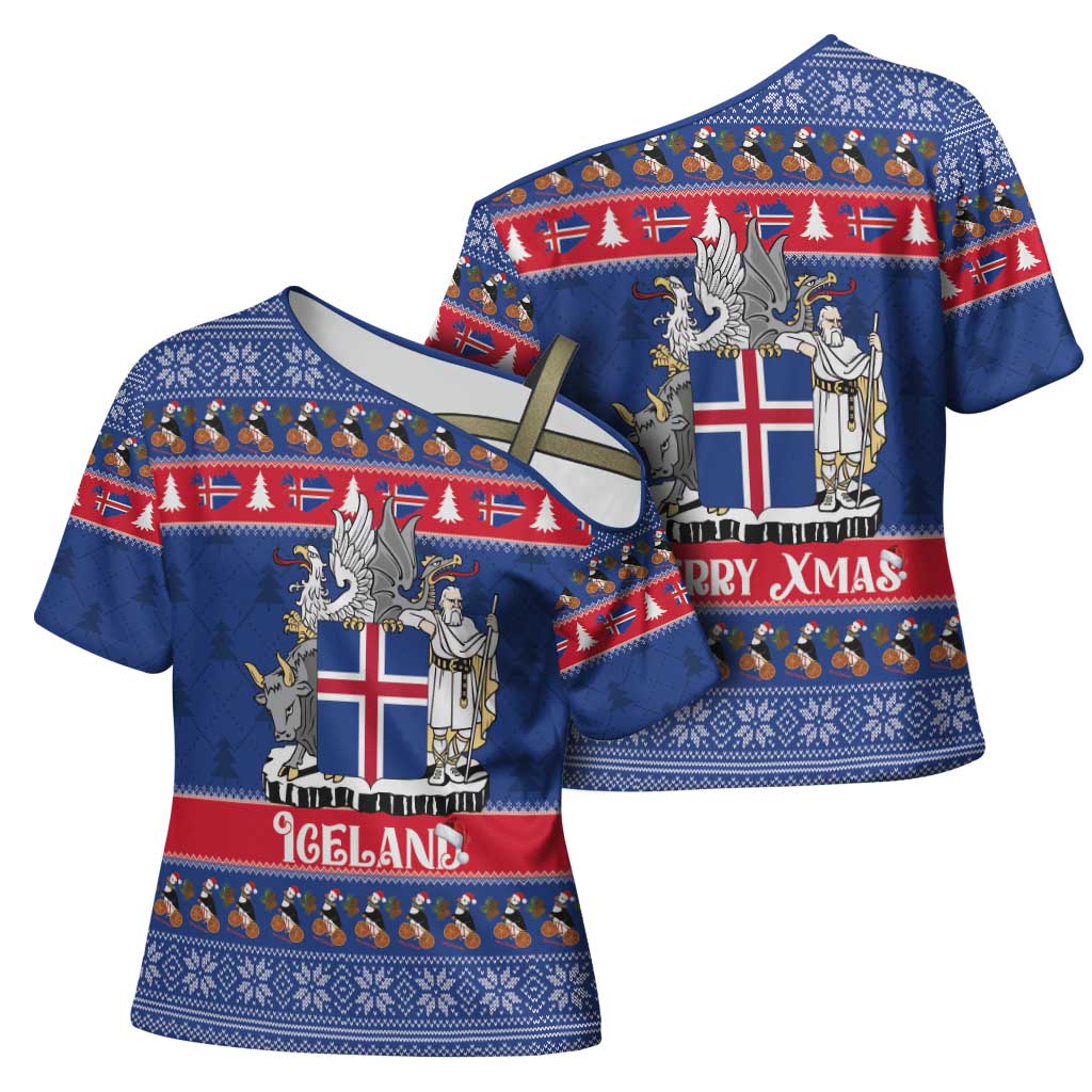 Iceland Christmas Cross Shoulder Shirt Coat Of Arms Christmas Pattern - Wonder Print Shop