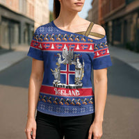 Iceland Christmas Cross Shoulder Shirt Coat Of Arms Christmas Pattern - Wonder Print Shop