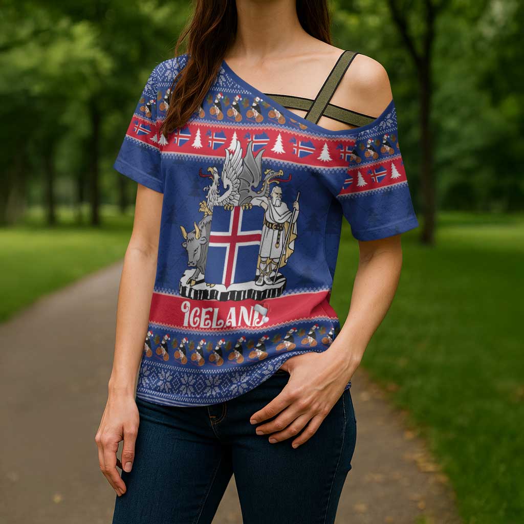 Iceland Christmas Cross Shoulder Shirt Coat Of Arms Christmas Pattern - Wonder Print Shop