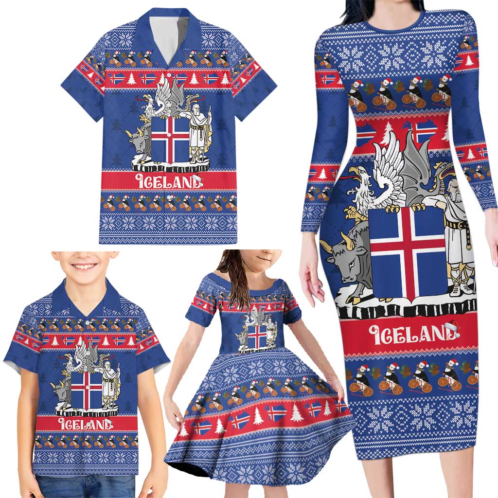 Iceland Christmas Family Matching Long Sleeve Bodycon Dress and Hawaiian Shirt Coat Of Arms Christmas Pattern - Wonder Print Shop