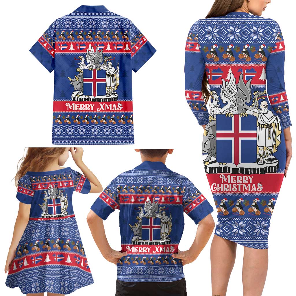 Iceland Christmas Family Matching Long Sleeve Bodycon Dress and Hawaiian Shirt Coat Of Arms Christmas Pattern - Wonder Print Shop