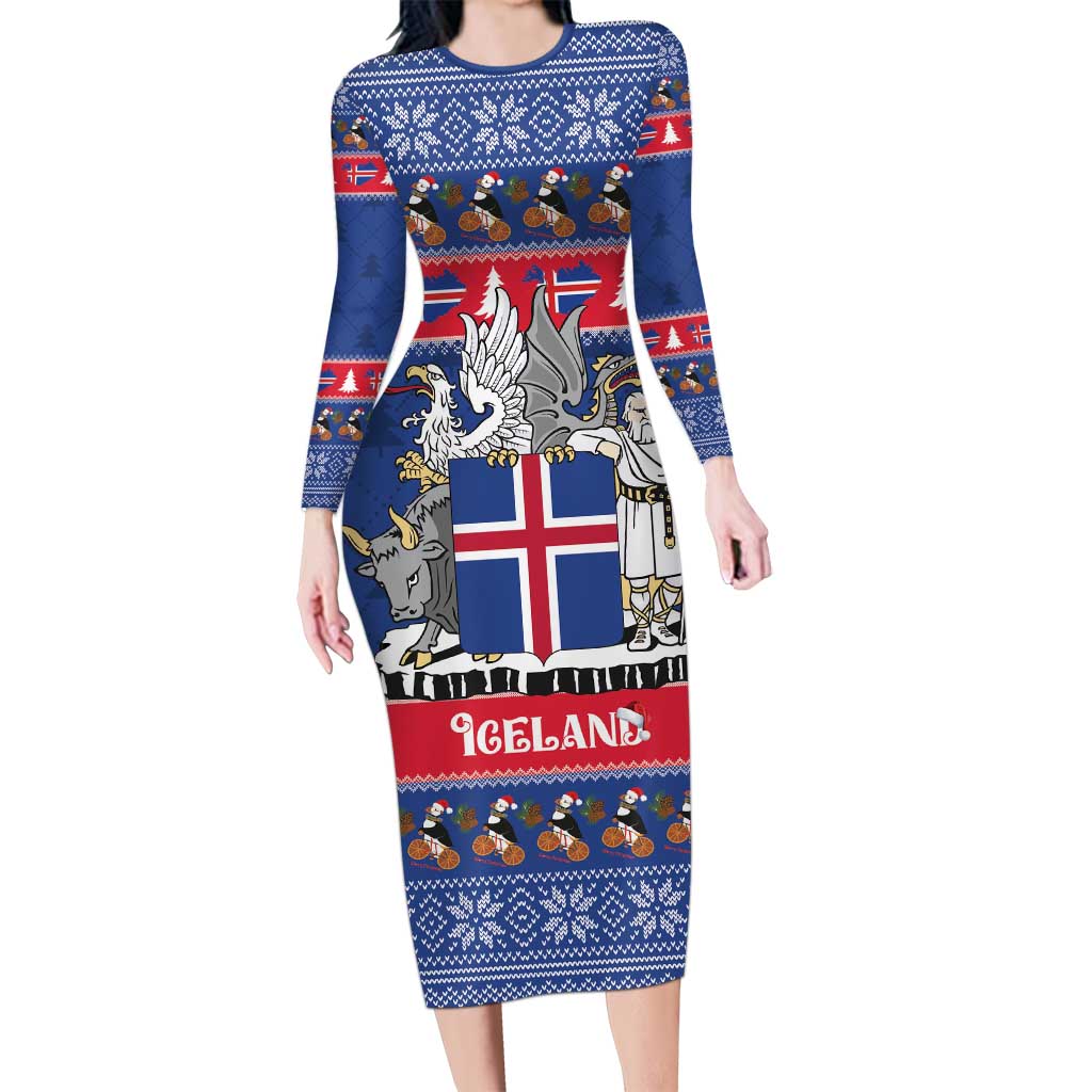 Iceland Christmas Family Matching Long Sleeve Bodycon Dress and Hawaiian Shirt Coat Of Arms Christmas Pattern - Wonder Print Shop