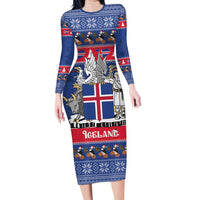 Iceland Christmas Family Matching Long Sleeve Bodycon Dress and Hawaiian Shirt Coat Of Arms Christmas Pattern - Wonder Print Shop