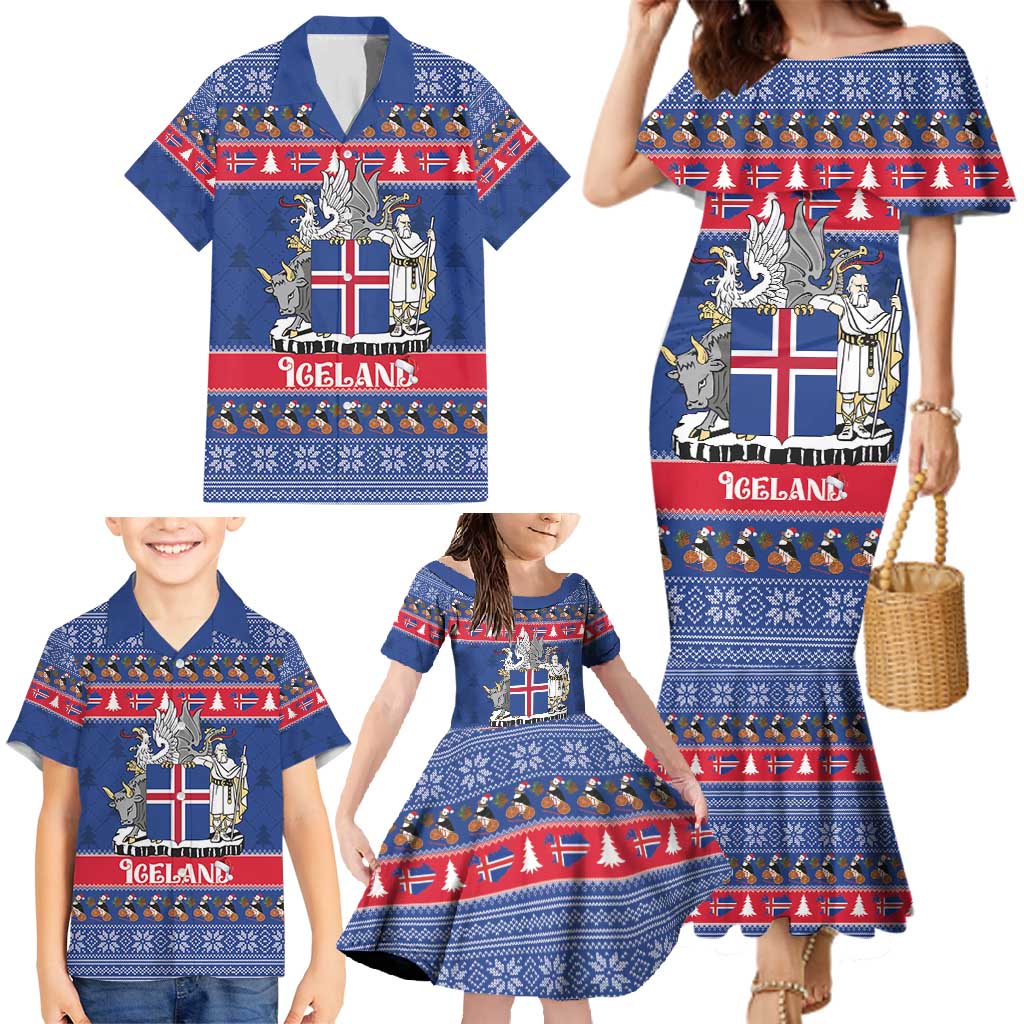 Iceland Christmas Family Matching Mermaid Dress and Hawaiian Shirt Coat Of Arms Christmas Pattern - Wonder Print Shop