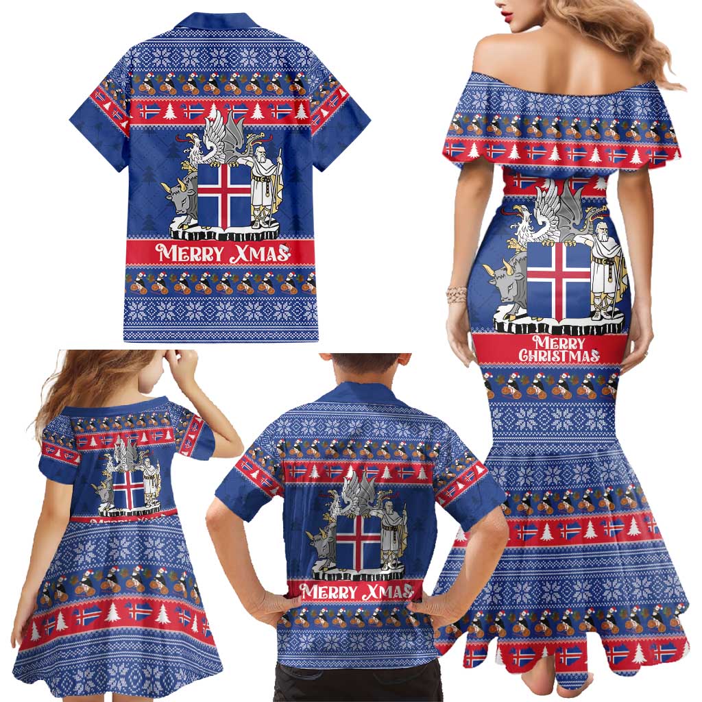 Iceland Christmas Family Matching Mermaid Dress and Hawaiian Shirt Coat Of Arms Christmas Pattern - Wonder Print Shop