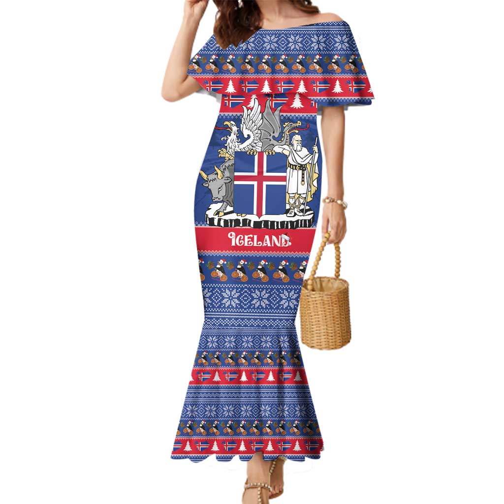 Iceland Christmas Family Matching Mermaid Dress and Hawaiian Shirt Coat Of Arms Christmas Pattern - Wonder Print Shop