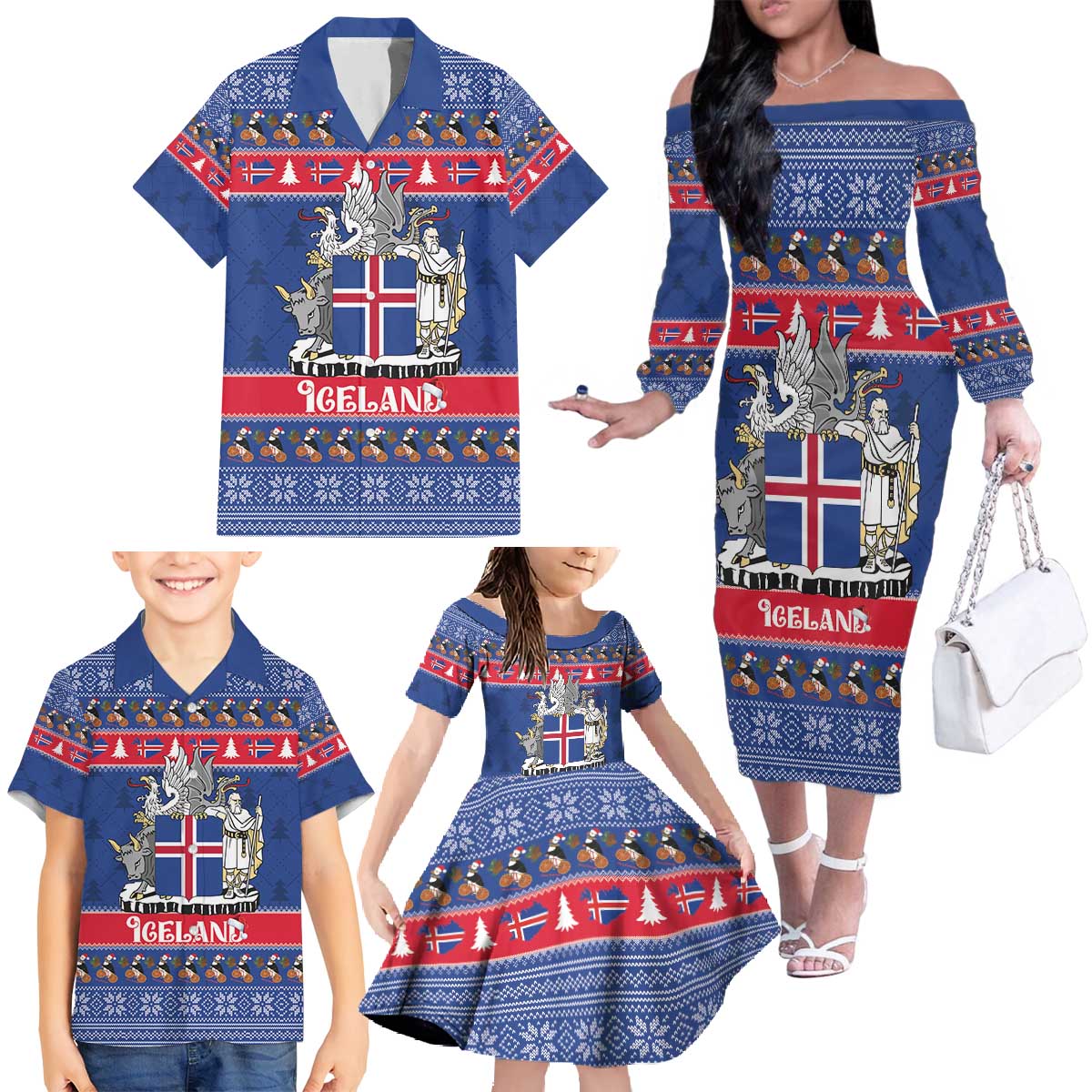 Iceland Christmas Family Matching Off The Shoulder Long Sleeve Dress and Hawaiian Shirt Coat Of Arms Christmas Pattern - Wonder Print Shop