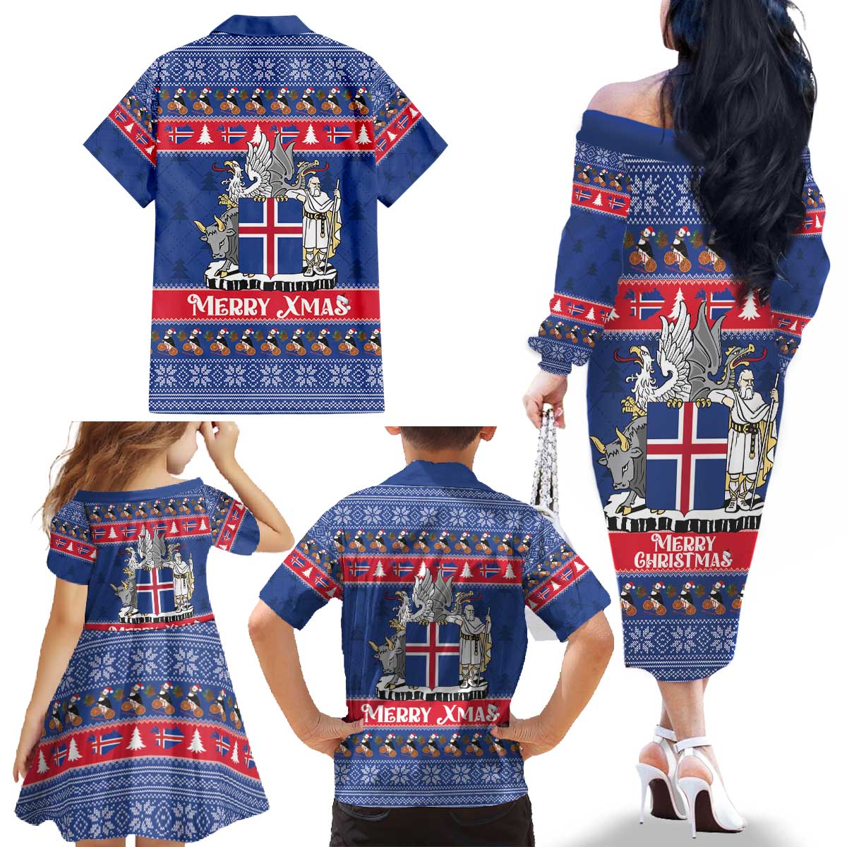 Iceland Christmas Family Matching Off The Shoulder Long Sleeve Dress and Hawaiian Shirt Coat Of Arms Christmas Pattern - Wonder Print Shop