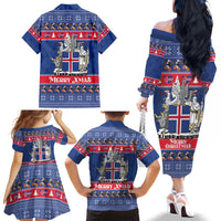 Iceland Christmas Family Matching Off The Shoulder Long Sleeve Dress and Hawaiian Shirt Coat Of Arms Christmas Pattern - Wonder Print Shop