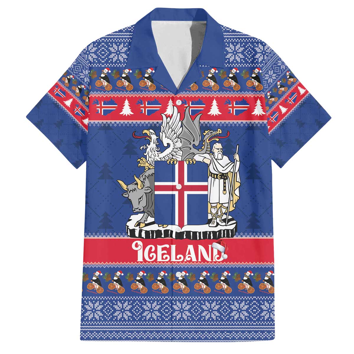 Iceland Christmas Family Matching Off The Shoulder Long Sleeve Dress and Hawaiian Shirt Coat Of Arms Christmas Pattern - Wonder Print Shop