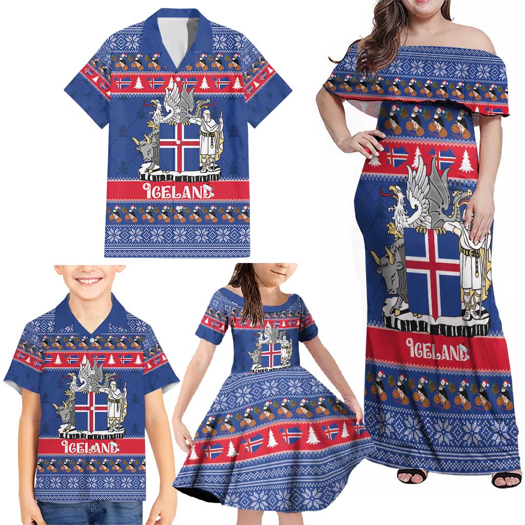 Iceland Christmas Family Matching Off Shoulder Maxi Dress and Hawaiian Shirt Coat Of Arms Christmas Pattern - Wonder Print Shop