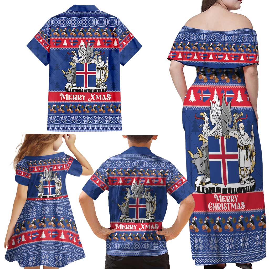 Iceland Christmas Family Matching Off Shoulder Maxi Dress and Hawaiian Shirt Coat Of Arms Christmas Pattern - Wonder Print Shop