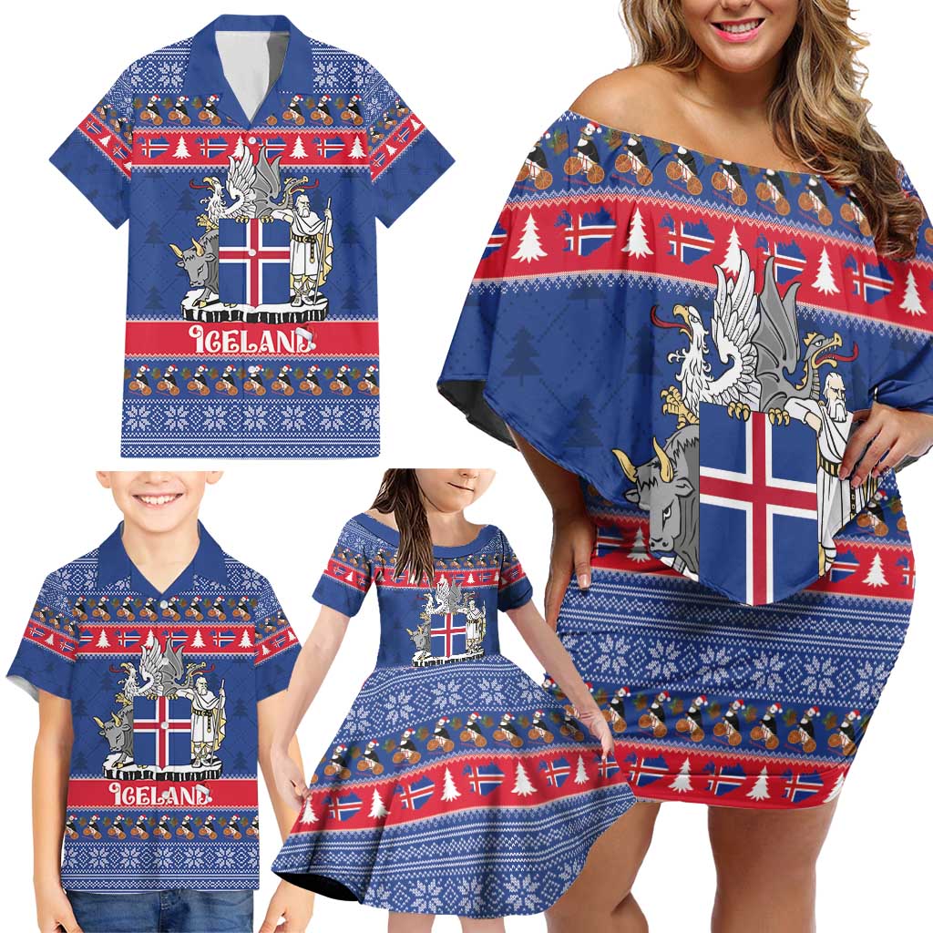 Iceland Christmas Family Matching Off Shoulder Short Dress and Hawaiian Shirt Coat Of Arms Christmas Pattern - Wonder Print Shop
