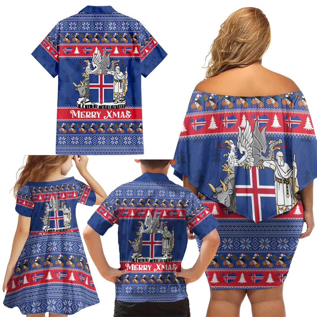 Iceland Christmas Family Matching Off Shoulder Short Dress and Hawaiian Shirt Coat Of Arms Christmas Pattern - Wonder Print Shop