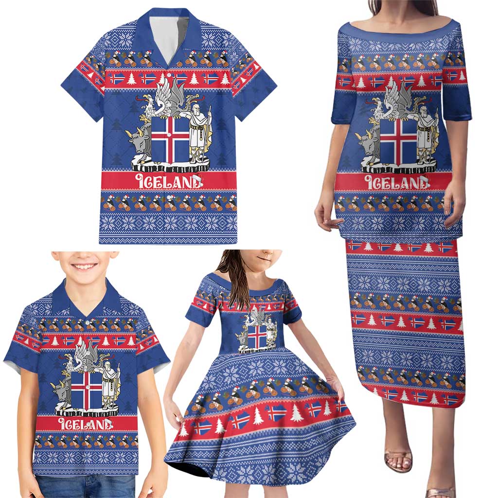 Iceland Christmas Family Matching Puletasi and Hawaiian Shirt Coat Of Arms Christmas Pattern - Wonder Print Shop
