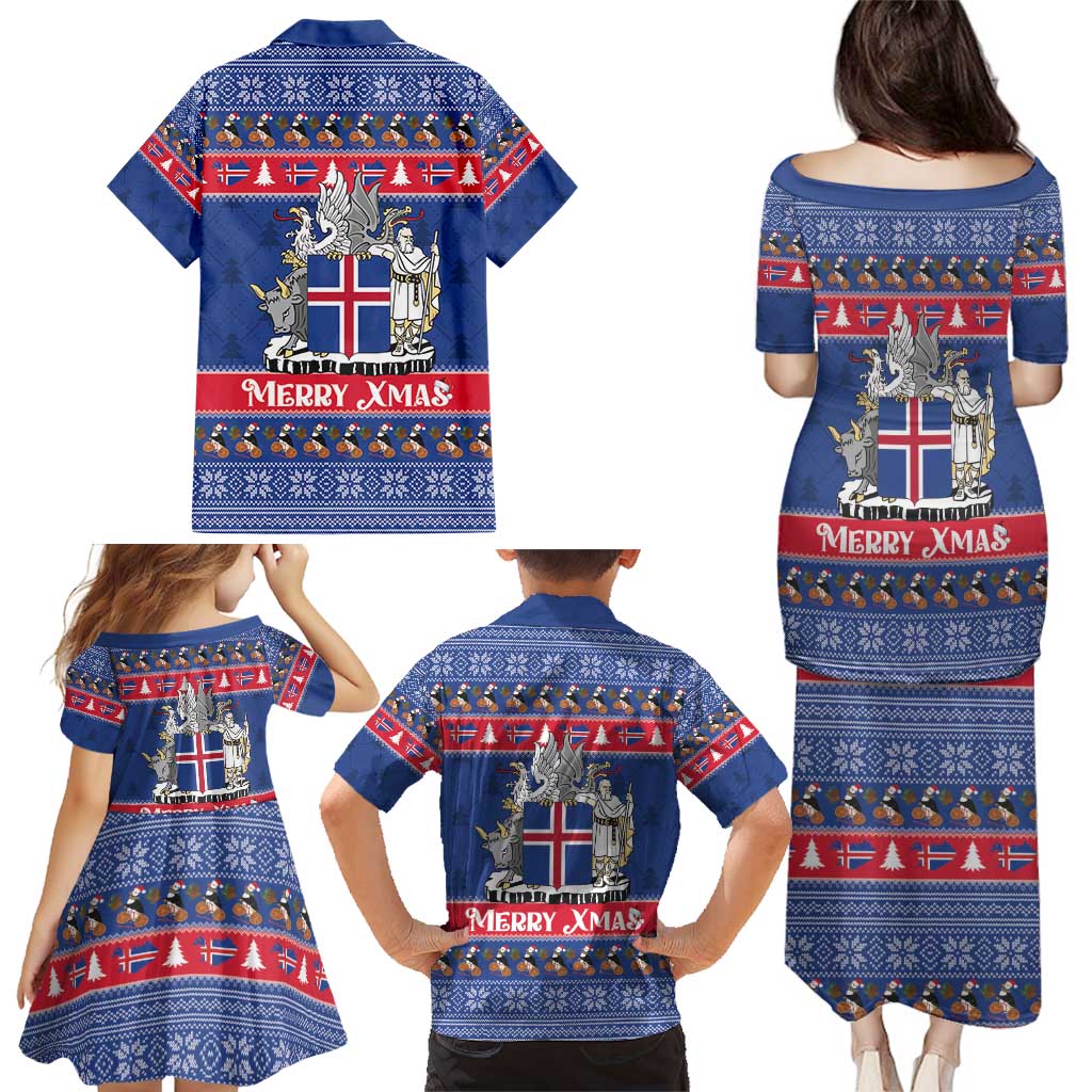 Iceland Christmas Family Matching Puletasi and Hawaiian Shirt Coat Of Arms Christmas Pattern - Wonder Print Shop