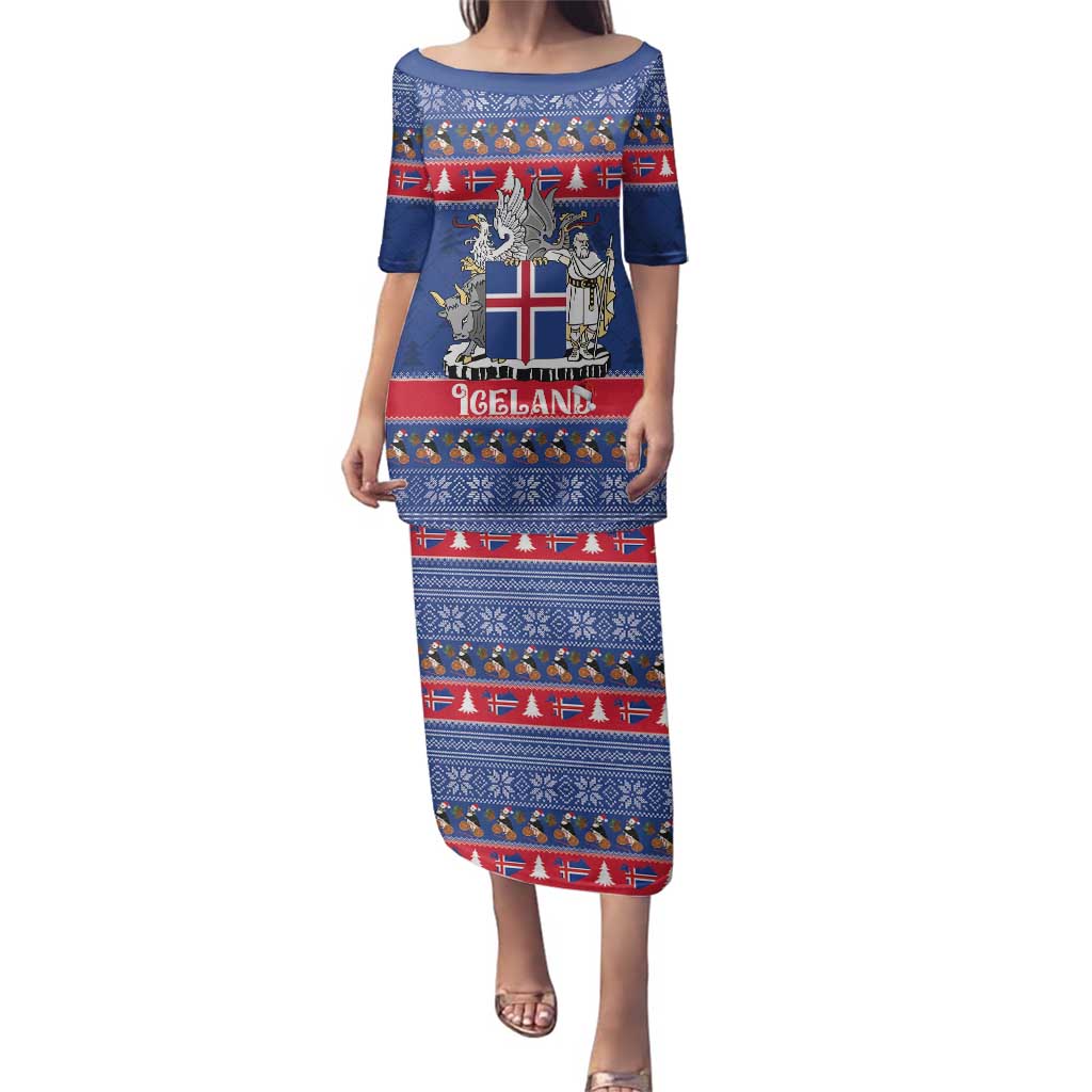 Iceland Christmas Family Matching Puletasi and Hawaiian Shirt Coat Of Arms Christmas Pattern - Wonder Print Shop