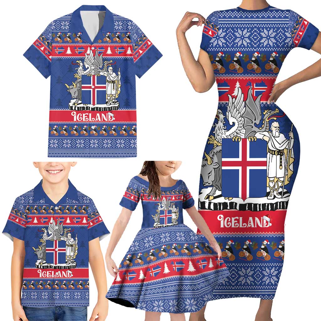 Iceland Christmas Family Matching Short Sleeve Bodycon Dress and Hawaiian Shirt Coat Of Arms Christmas Pattern - Wonder Print Shop