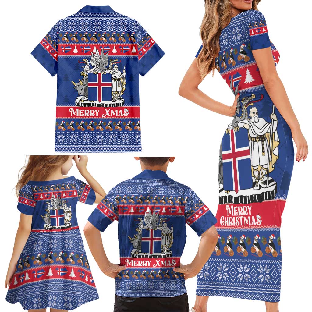 Iceland Christmas Family Matching Short Sleeve Bodycon Dress and Hawaiian Shirt Coat Of Arms Christmas Pattern - Wonder Print Shop