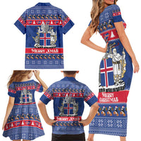 Iceland Christmas Family Matching Short Sleeve Bodycon Dress and Hawaiian Shirt Coat Of Arms Christmas Pattern - Wonder Print Shop