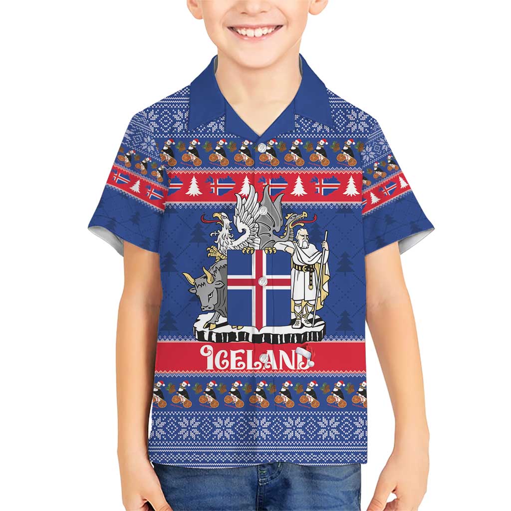 Iceland Christmas Family Matching Short Sleeve Bodycon Dress and Hawaiian Shirt Coat Of Arms Christmas Pattern - Wonder Print Shop