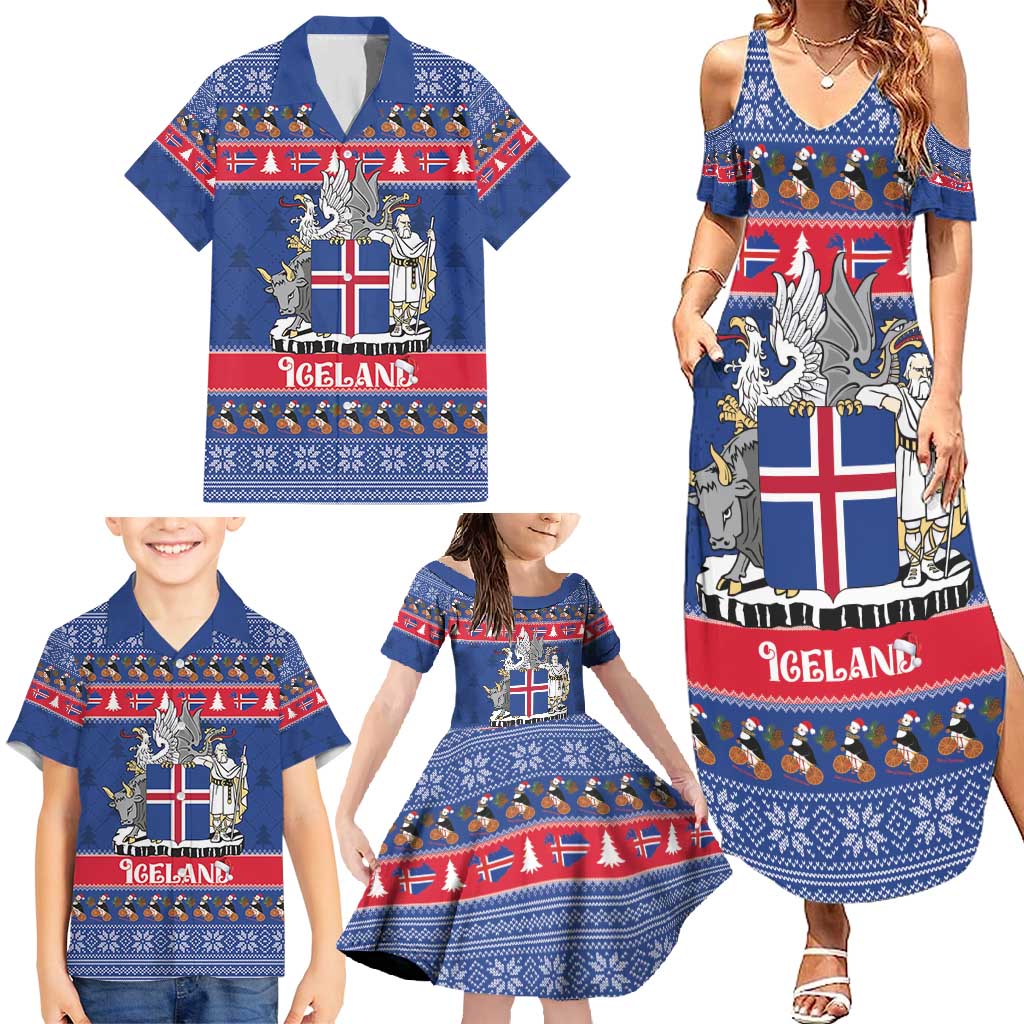 Iceland Christmas Family Matching Summer Maxi Dress and Hawaiian Shirt Coat Of Arms Christmas Pattern - Wonder Print Shop
