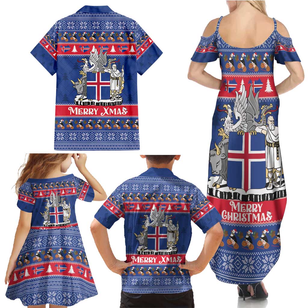 Iceland Christmas Family Matching Summer Maxi Dress and Hawaiian Shirt Coat Of Arms Christmas Pattern - Wonder Print Shop