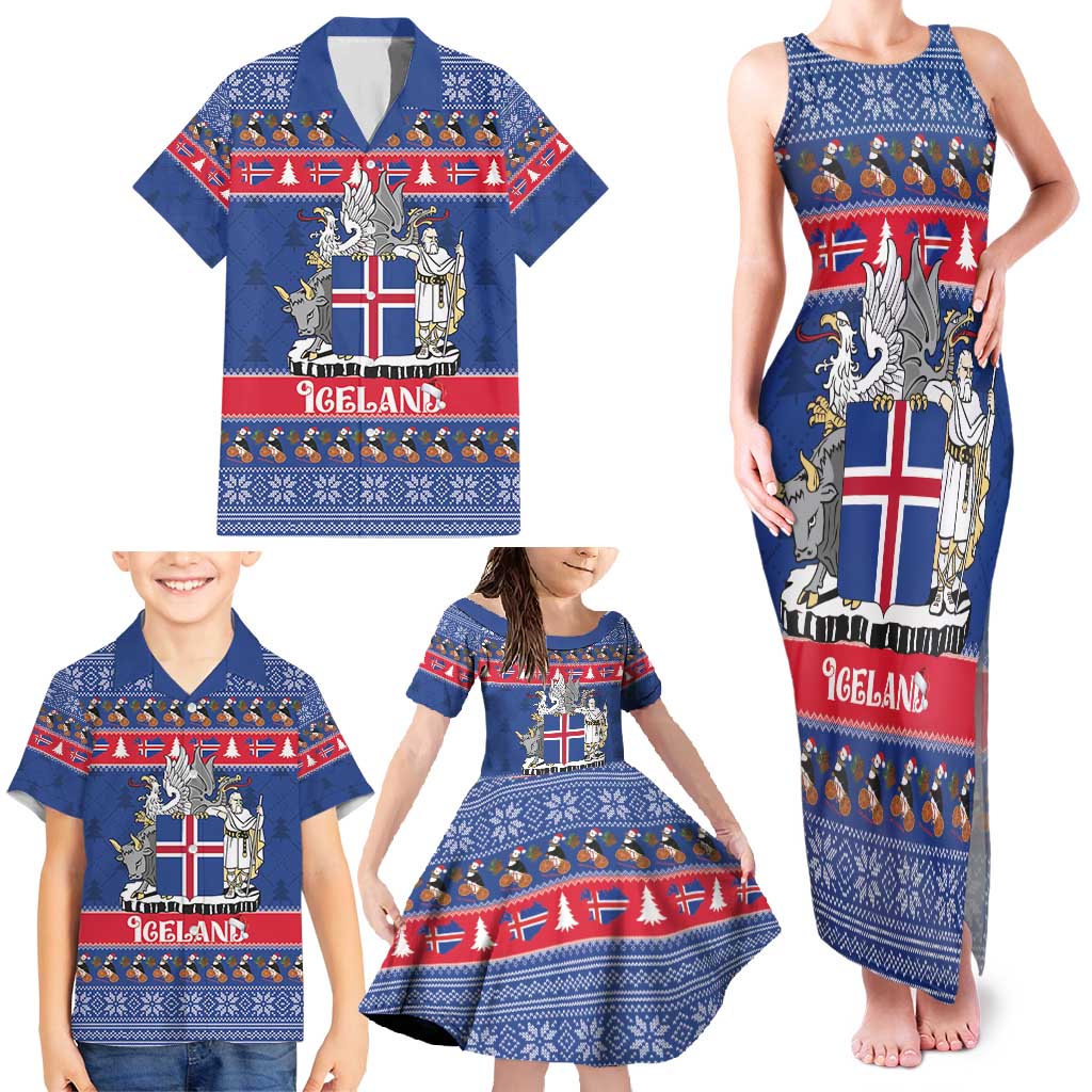 Iceland Christmas Family Matching Tank Maxi Dress and Hawaiian Shirt Coat Of Arms Christmas Pattern - Wonder Print Shop