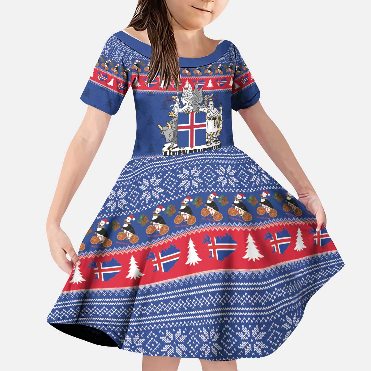 Iceland Christmas Kid Short Sleeve Dress Coat Of Arms Christmas Pattern - Wonder Print Shop