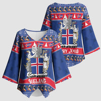Iceland Christmas Kimono Sleeve Blouse Coat Of Arms Christmas Pattern - Wonder Print Shop