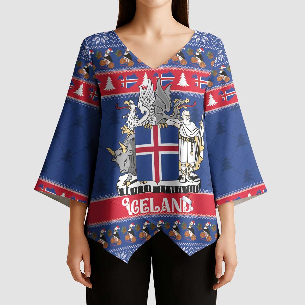Iceland Christmas Kimono Sleeve Blouse Coat Of Arms Christmas Pattern - Wonder Print Shop