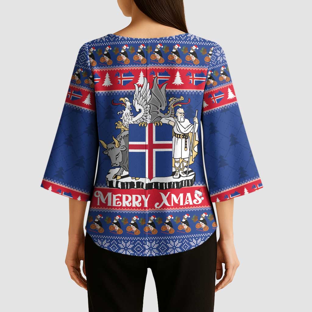 Iceland Christmas Kimono Sleeve Blouse Coat Of Arms Christmas Pattern - Wonder Print Shop