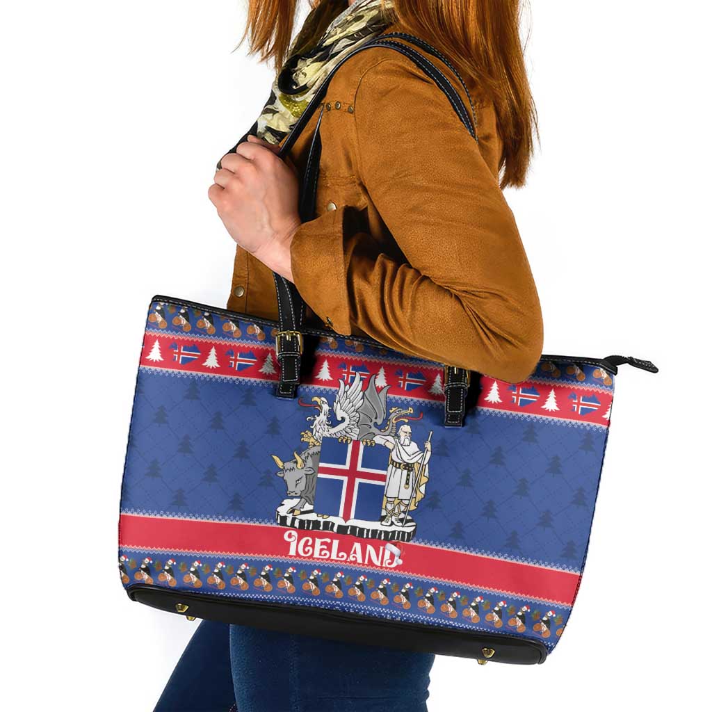 Iceland Christmas Leather Tote Bag Coat Of Arms Christmas Pattern - Wonder Print Shop