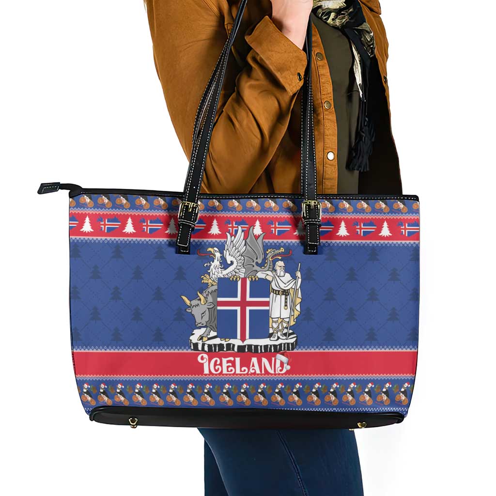 Iceland Christmas Leather Tote Bag Coat Of Arms Christmas Pattern - Wonder Print Shop