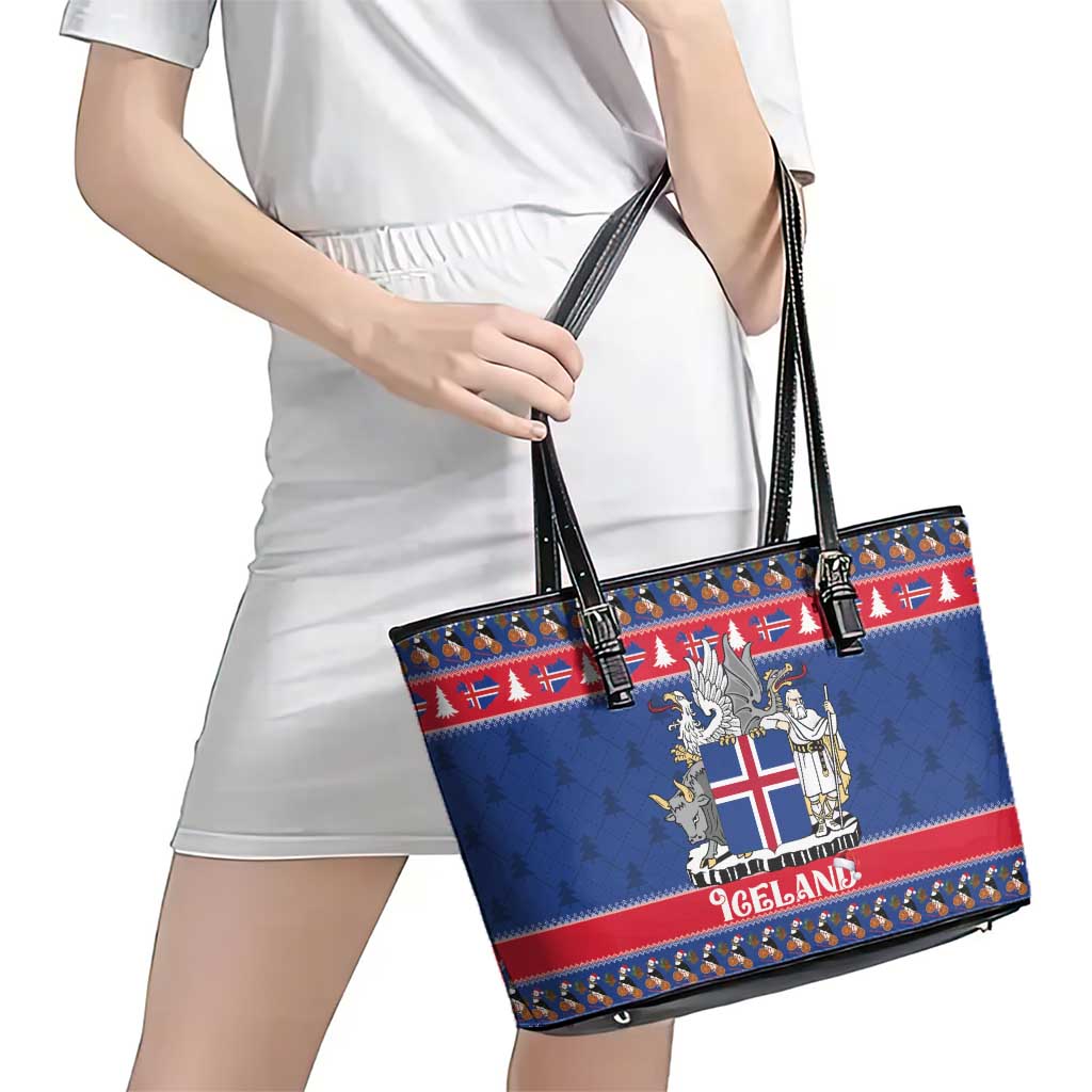 Iceland Christmas Leather Tote Bag Coat Of Arms Christmas Pattern - Wonder Print Shop