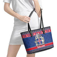 Iceland Christmas Leather Tote Bag Coat Of Arms Christmas Pattern - Wonder Print Shop