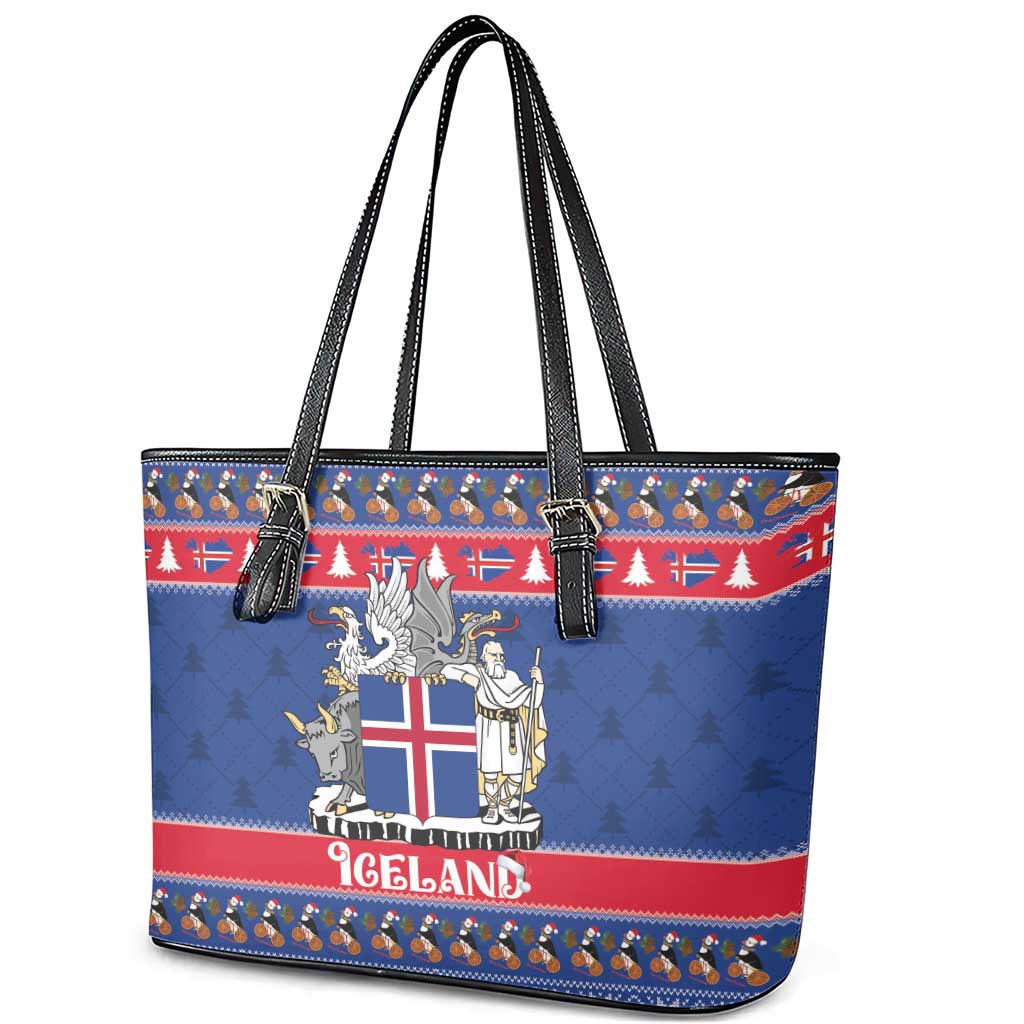 Iceland Christmas Leather Tote Bag Coat Of Arms Christmas Pattern - Wonder Print Shop