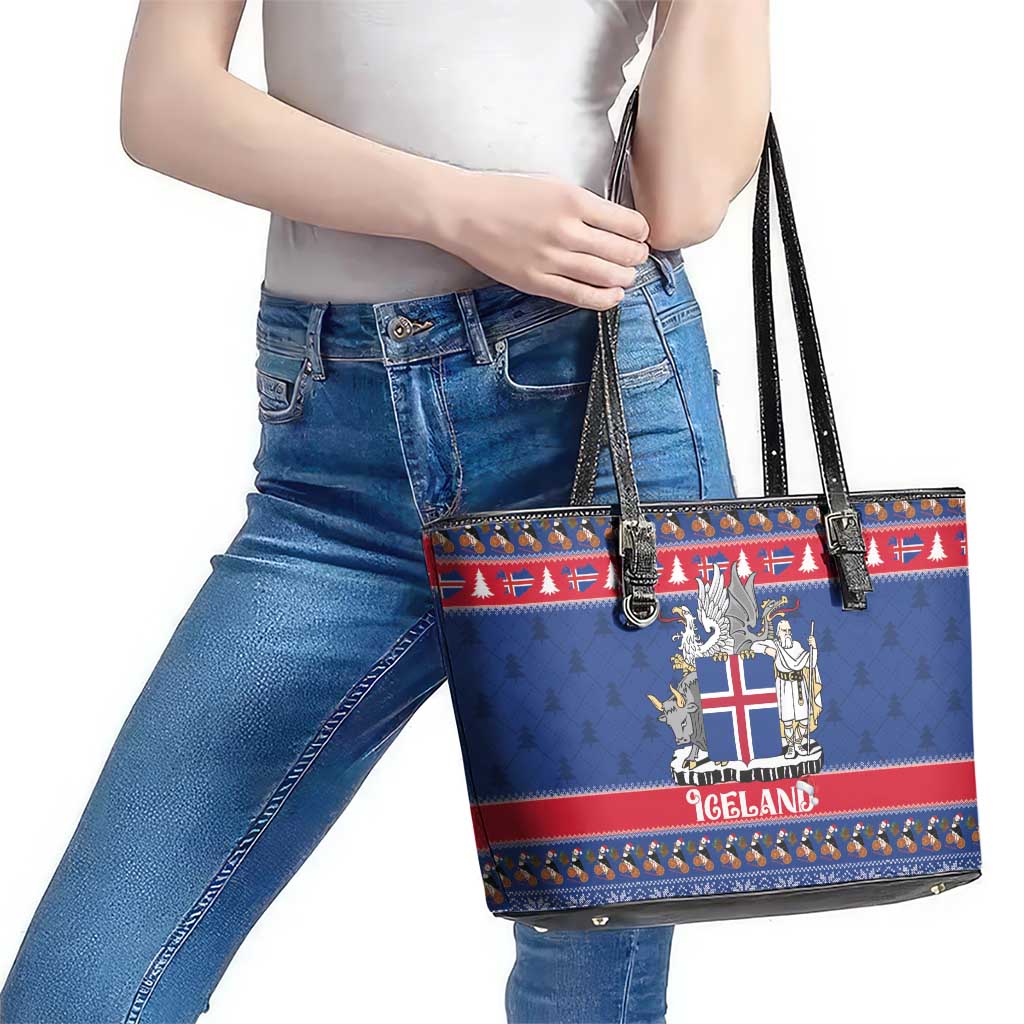 Iceland Christmas Leather Tote Bag Coat Of Arms Christmas Pattern - Wonder Print Shop