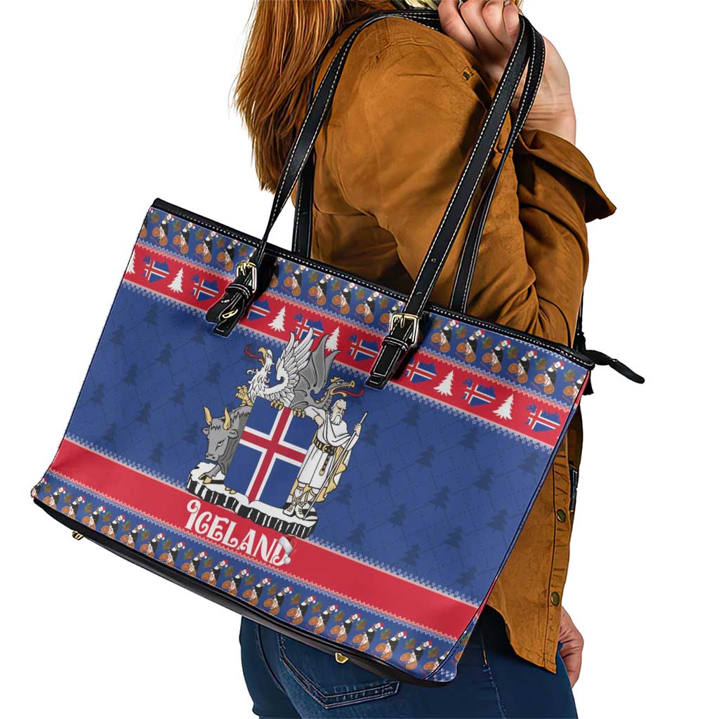 Iceland Christmas Leather Tote Bag Coat Of Arms Christmas Pattern - Wonder Print Shop