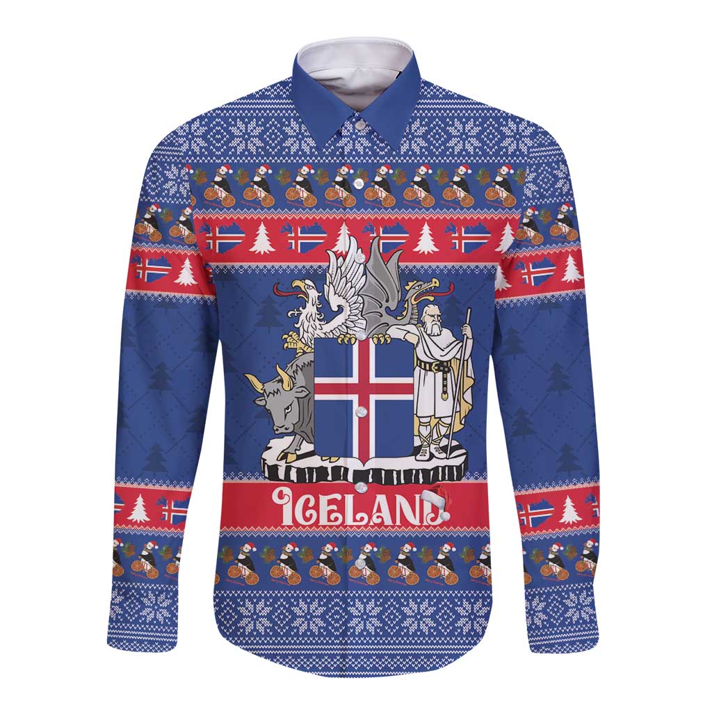 Iceland Christmas Long Sleeve Button Shirt Coat Of Arms Christmas Pattern - Wonder Print Shop