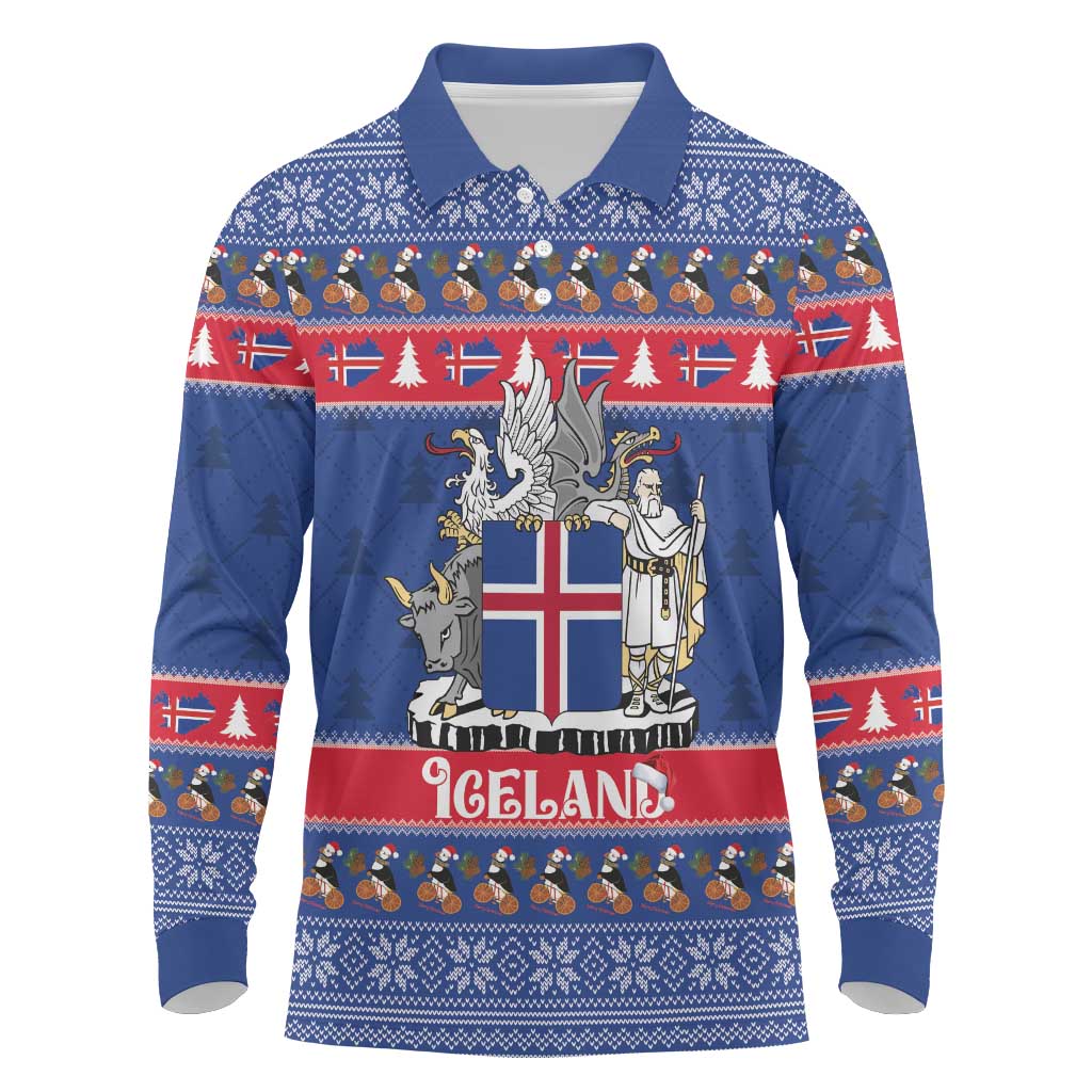 Iceland Christmas Long Sleeve Polo Shirt Coat Of Arms Christmas Pattern - Wonder Print Shop