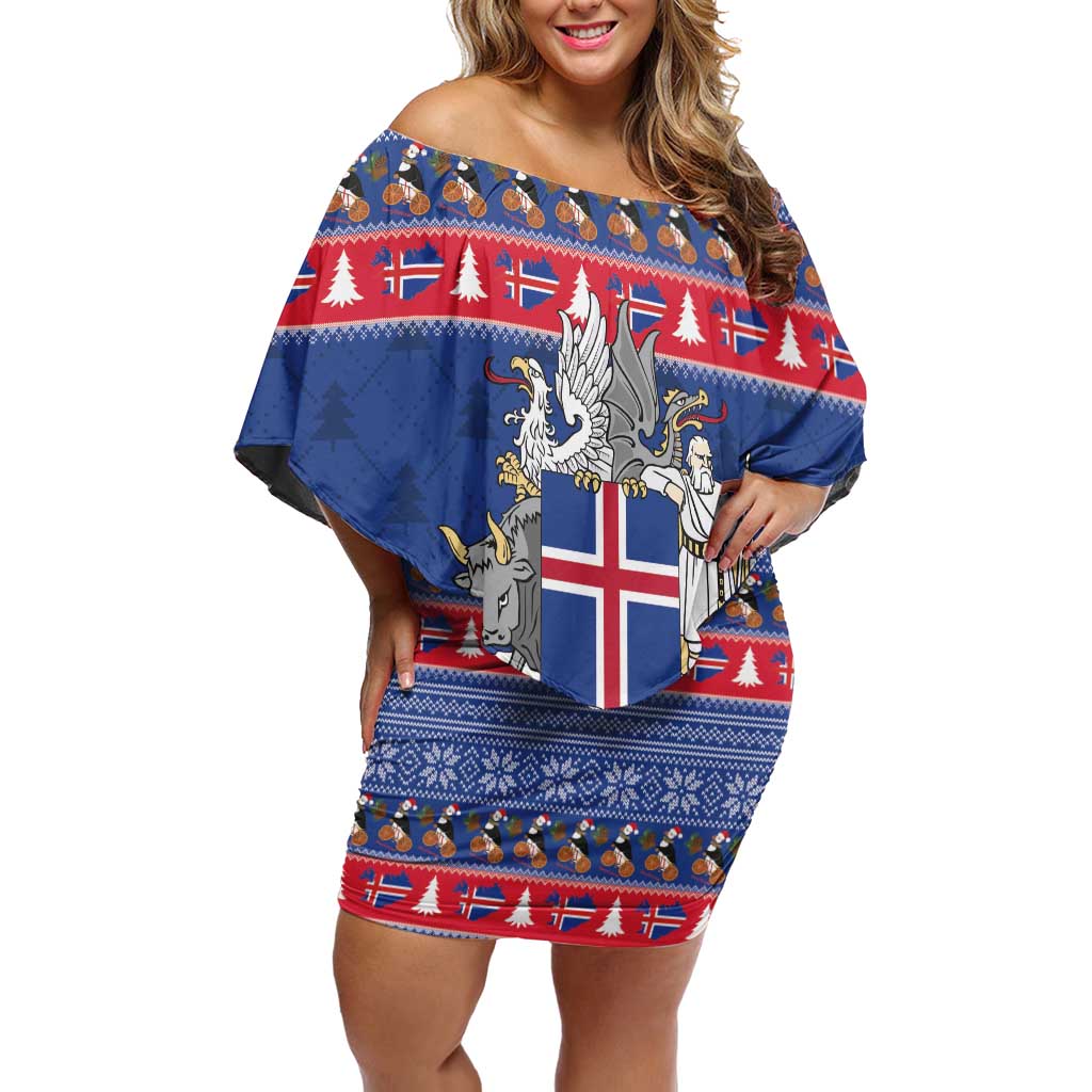 Iceland Christmas Off Shoulder Short Dress Coat Of Arms Christmas Pattern - Wonder Print Shop