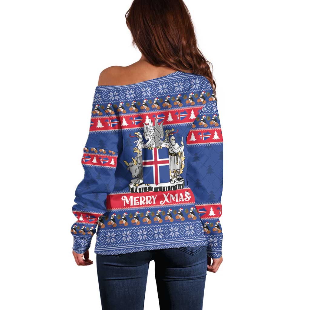 Iceland Christmas Off Shoulder Sweater Coat Of Arms Christmas Pattern - Wonder Print Shop