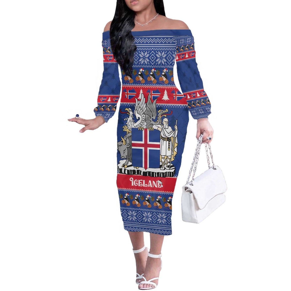 Iceland Christmas Off The Shoulder Long Sleeve Dress Coat Of Arms Christmas Pattern - Wonder Print Shop