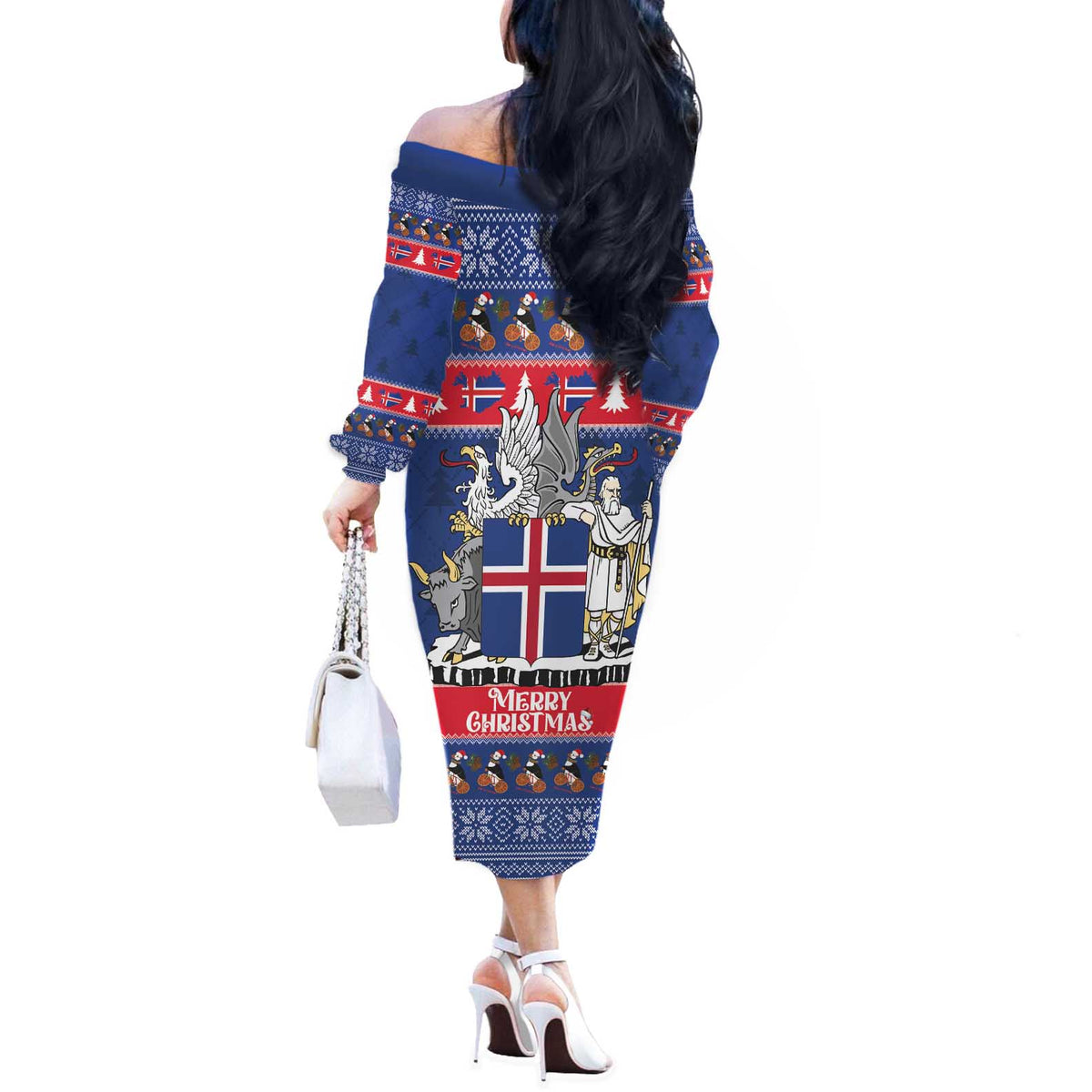 Iceland Christmas Off The Shoulder Long Sleeve Dress Coat Of Arms Christmas Pattern - Wonder Print Shop