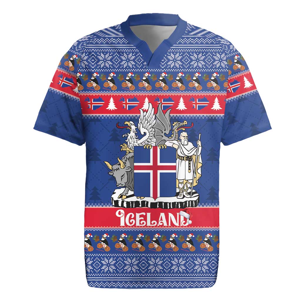 Iceland Christmas Rugby Jersey Coat Of Arms Christmas Pattern - Wonder Print Shop