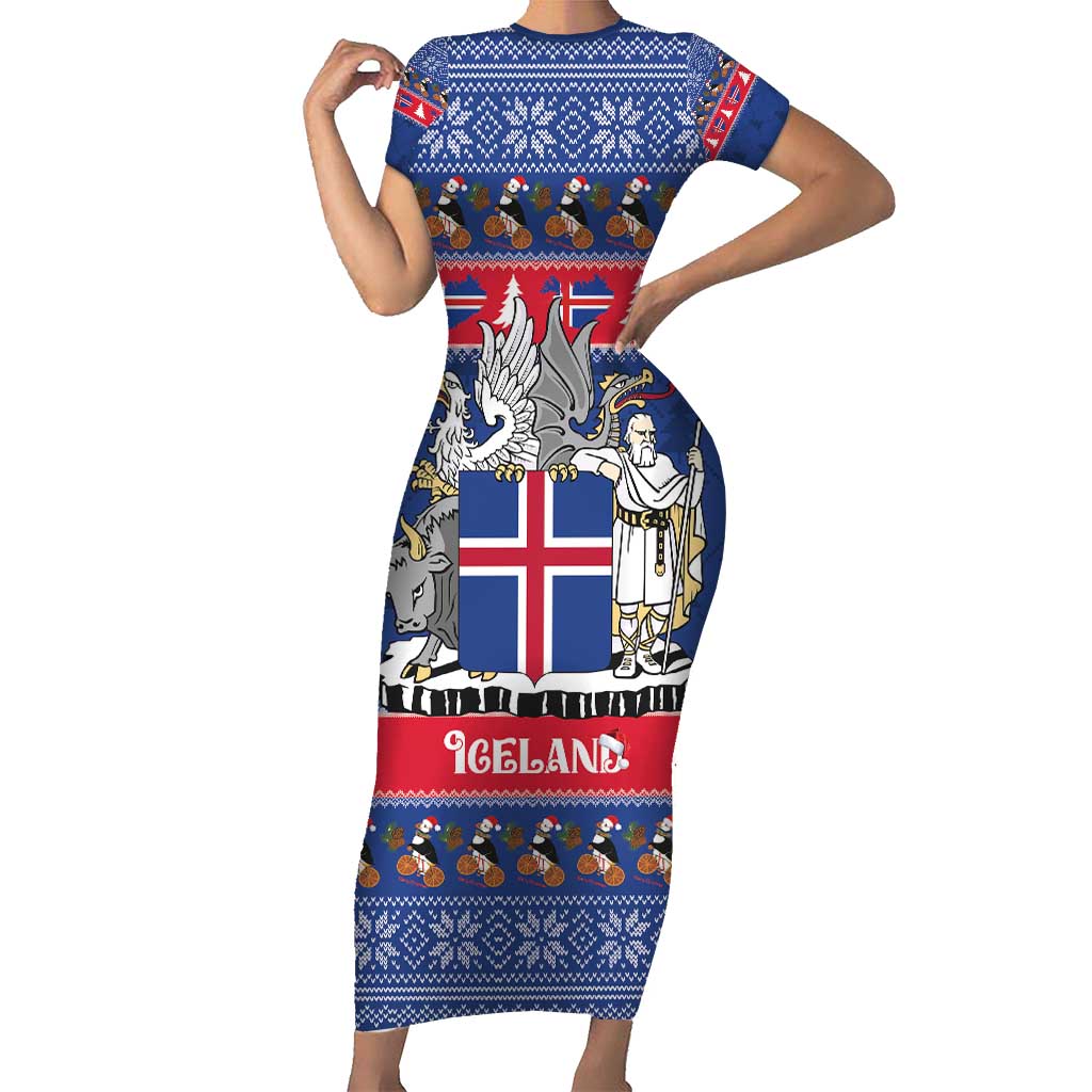 Iceland Christmas Short Sleeve Bodycon Dress Coat Of Arms Christmas Pattern - Wonder Print Shop