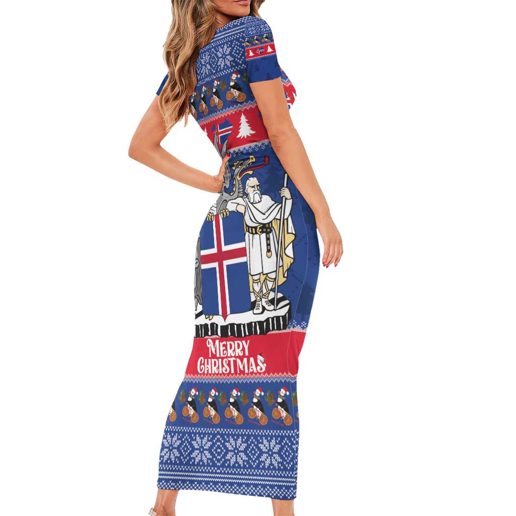 Iceland Christmas Short Sleeve Bodycon Dress Coat Of Arms Christmas Pattern - Wonder Print Shop